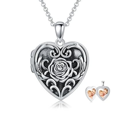 Heart Locket Necklace 925 Sterling Silver Personalized Picture Locket Pendant Birthday Christmas Jewelry Memorial Gifts for Women - color: Rose Locket