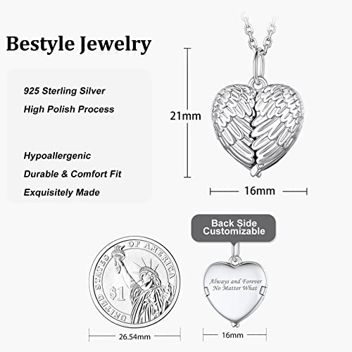 Bestyle Sterling Silver Heart Locket Necklace for Women, Dainty Cute Small Heart Locket Pendant in Gold/Rose Gold/Silver, Love Statement Jewelry Gift for Mother Wife - color: D1. Angel Wing-Silver-Locket Only, NO Custom