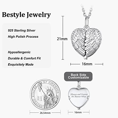 Bestyle Sterling Silver Heart Locket Necklace for Women, Dainty Cute Small Heart Locket Pendant in Gold/Rose Gold/Silver, Love Statement Jewelry Gift for Mother Wife - color: D1. Angel Wing-Silver-Locket Only, NO Custom