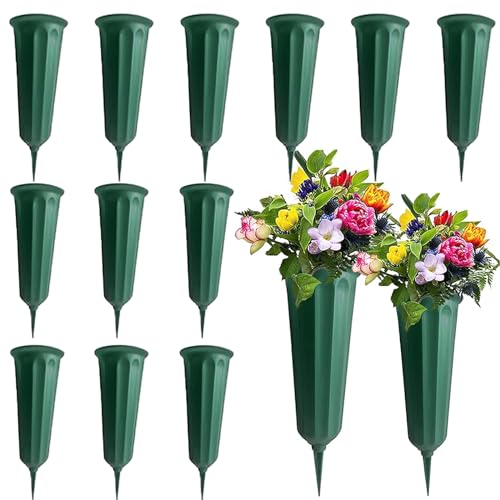 12 Pack Memorial Flower Vase Plastic Cemetery Vases with Spikes Cemetery Decorations for Grave Decorations for Cemetery Vases for Flowers Plastic Flowers for Grave Vase - color: Grass Green