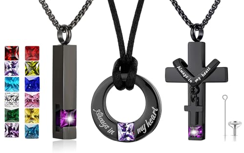 YOUFENG 3 Pieces Cremation Urn Necklaces for Ashes Keepsake Cremation Jewelry Cross Round Bar Birthstone Crystal Stainless Steel Memorial Pendant for Women Men - color: Amethyst