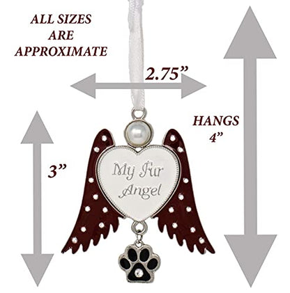Pet Memorial Ornament Angel Wings with Paw Print Charm, My Fur Angel Engraved Heart, Rhinestone Jeweled Wings Hanging Remembrance Ornament, Dog Cat Loss Sympathy Gift, Pet Memorial Gift