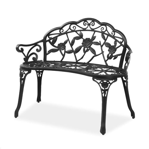 VINGLI 38.5" Patio Park Garden Outdoor Metal Rose Bench, 2-Person Cast Iron Cast Aluminium Frame Antique Finish Chair,Accented Lawn Front Porch Path Yard Decor Deck Furniture (Black, Rose) - color: Black