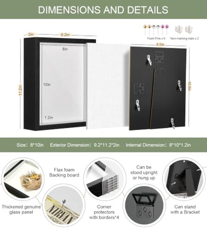 8x10 Shadow Box Frame with Shatterproof Clear Glass & Push Pins - color: Black+foam Back+foam Packaging, size: 8x10