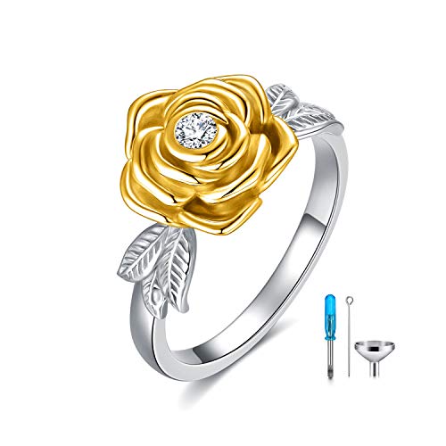 925 Sterling Silver Rose Flower Cremation Urn Ring Holds Loved Ones Ashes Cremation Keepsake Ring Jewelry Embellished with Crystals from Austria - color: Silver&Gold