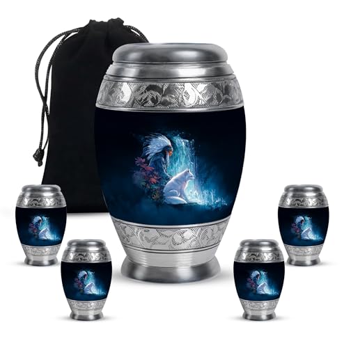 Native American Cremation Urns For Ashes For Mom And Dad - Black Funeral Urns For Human Remains Adult 10 Inch & 4 Keepsake Set,3 Inch - Blue Urn For Ashes Adult Male, 1 Large Decorative Urn For Female - color: Native American-4, size: combo-3