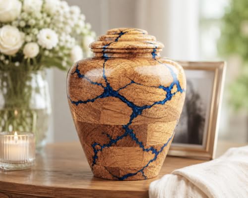 Wooden Cremation Urn for Human Ashes Adult Male Urn for Ashes for Women and Man, Adult Size Decorative urn. Burial and Funeral Urn Large 200 Cu in Resin Inlay. - size: Large 200 Cu In Blue Fractal