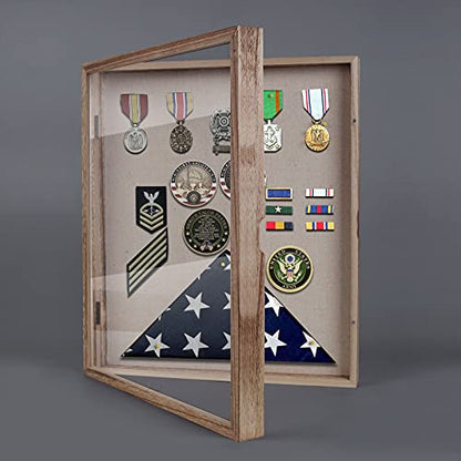 Shadow Box 13x16 Large Display Case with Linen Back and 8 Stick Pins, Solid Wood Memory Box Frame with Magnetic Door for Photos, Medals, Tickets, Wedding Bouquet and Memorabilia