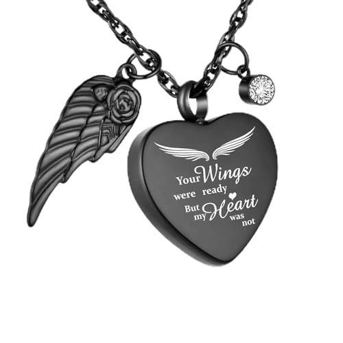 Dletay Heart Urn Necklace for Ashes with 12 Birthstones Cremation Jewelry for Ashes -Your Wings Were Ready My Heart Was Not - color: Your wings-Black