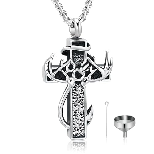 Cross Urn Necklace for Ashes Deer Antler Hook Cremation Jewelry Fishhook Memorial Keepsake Urn Pendant Ashes Holder for Women Men