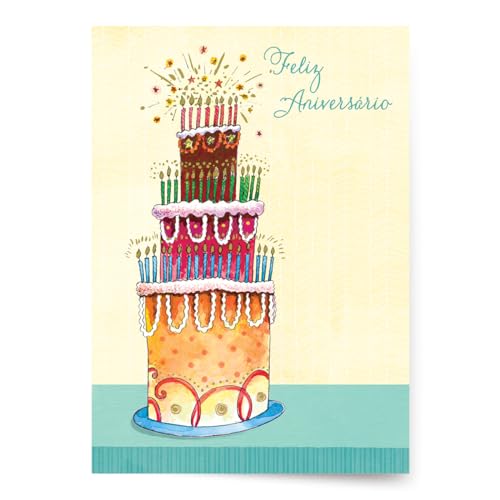 Designer Greetings Portuguese Language Happy Birthday Cards 6 Pack | Spanish Language Sentiment, Boxed Card Set, Matching Envelopes - style: 6 PK Portuguese - Birthday Cake