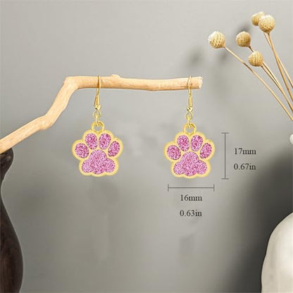 Dreuyet Paw Necklace and Earrings Set for Women Glitter Cute Dog Cat Pet Paw Print Pendant Necklace Earrings Lovely Animal Charm Jewelry Set Gifts - color: Gold Pink