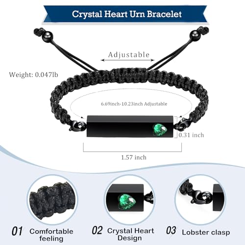 Hearbeingt Crystal Heart Cremation Jewelry Bar Urn Bracelet for Ashes - color: Black-Green stone