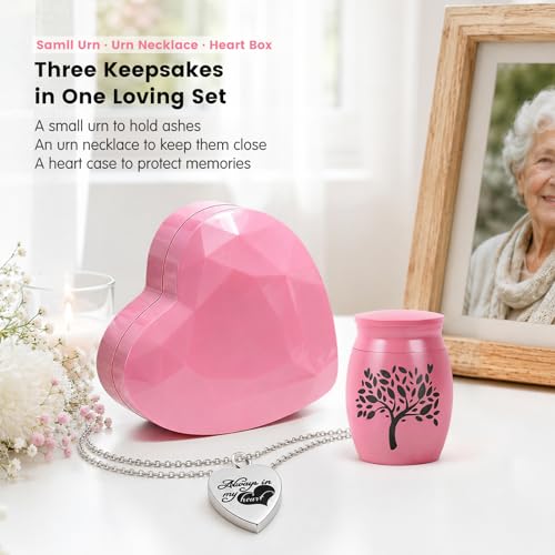 Small Urns for Human Ashes Keepsake - 1.6" Pink Mini Cremation Urn with Necklace Heart Box - Very Feminine Pretty Tiny Funeral Urn - Little Miniature Urn Memorial Gift for Baby Mom Sister Women Female - color: Pink