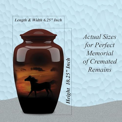 Forever URNS Adult Cremation Funeral Urn with Printed Black Horse in Evening Sunlight Theme for Human Ashes of Female & Male | 200 cu in | Large | Completely Handcrafted with Velvet Protection Bag