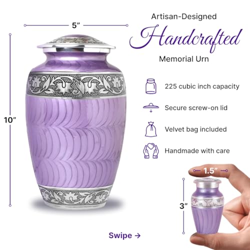 Set of 6 Custom Engraved Purple Cremation & Funeral Urns for Ashes for Women & Men - Includes 1 Custom Engraved Large Purple Urn with 4 Small Keepsakes & 1 Necklace - color: Custom Purple Patch Set