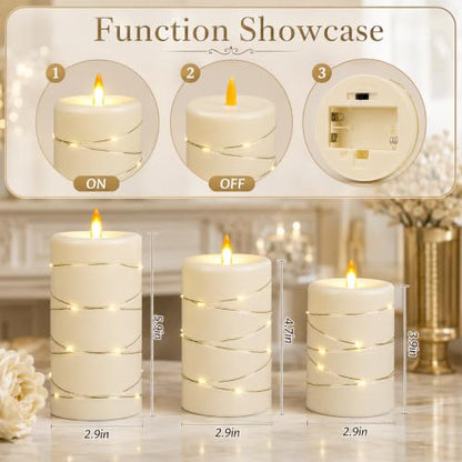 Upinmz Flickering Flameless Candles with String Lights, Battery Operated Candle, LED Pillar Fake Candle with Remote Control and Timer -3 Pack Ivory White - size: Ivory-Acrylic-3 Pack