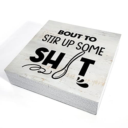 Rustic Bout to Stir up Wood Box Sign Funny Kitchen Wooden Box Sign - color: Natural Wood
