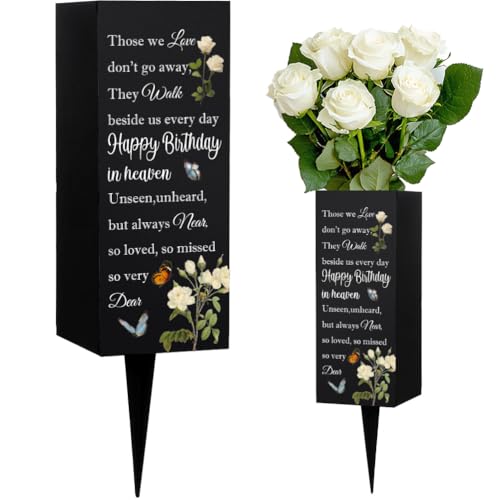WEBEEDY Happy Heavenly Birthday Cemetery Vases Daisy Roses Flower Butterflies Grave Decorations for Cemetery, Grave Ornaments Memorial Vases Condolences Gift for Loss of Loved One, 1pc, 3.1x7.9 Inch - color: Roses, Birthday Memorial
