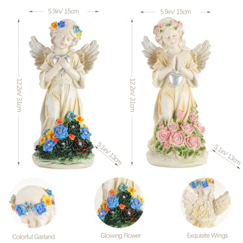 Angel Garden Statue 2Pcs,Love Heart Solar Decor with Warm Light | Waterproof Praying Angel Statue with Flowers,Outdoor Garden Decor Sculpture for Lawn Yard Patio Garden Present, Apricot - style: Heart Praying Angel