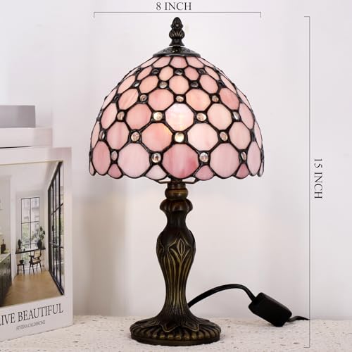 Small Tiffany Stained Glass Table Lamp,Pink | Mini Desk Accent Light, Bedroom Bedside Reading, Antique Style Decor, 8X15 Inches - color: Pink