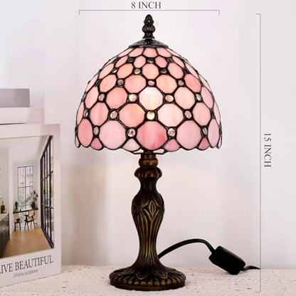 Small Tiffany Stained Glass Table Lamp,Pink | Mini Desk Accent Light, Bedroom Bedside Reading, Antique Style Decor, 8X15 Inches - color: Pink