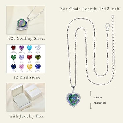 925 Sterling Silver Halo Heart Necklace for Women | Lwsary Love Heart Necklace, Heart Cut Birthstone Jewelry for Her - color: Rainbow