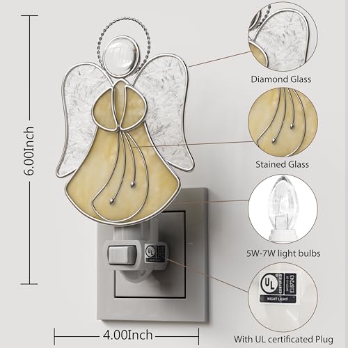 Stained Glass Yellow Guardian Angel Night Lights Plug into Wall - color: Yellow Angel
