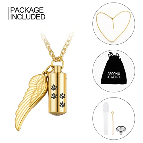 abooxiu Cylinder Cremation Urn Necklace with Angel Wing and Pet Paw - Ashes Keepsake for Dog/Cat Memorial Jewelry - color: Gold-S