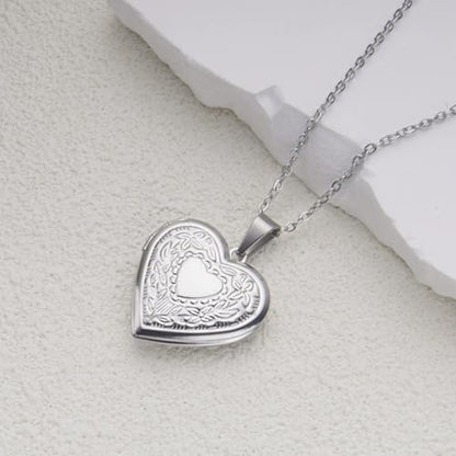 Gold Locket Necklace for Women, Vinatge Heart Oval Butterfly Angel Engraved Pendant that Holds Picture Photo Locket Memorial Necklace Personalized Jewelry Birthday Gifts - color: Heart/Silver