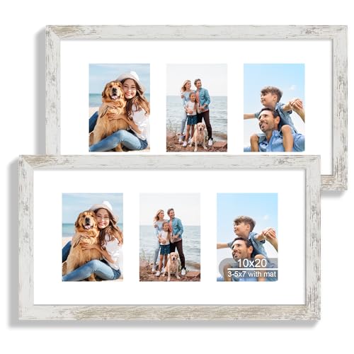 Hongkee 10x20 Picture Frame Set of 2, Collage Three 5x7 with Mat, Glass - color: Distressed White, size: 10x20 in matted to 3-5x7