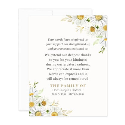 Daisies Funeral Thank You Cards | Sympathy Acknowledgement, Bereavement Notes, With Envelopes, 4.25x5.5" Flat Notecards