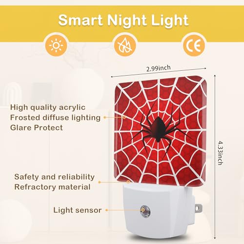 Red Spider Web Night Light with Dusk to Dawn Light Sensors, Plug-in Wall Led Night Lights, Energy Efficient Lamp for Bedroom/Bathroom/Kitchen/Hallway/Stairs - color: Red Spider Web