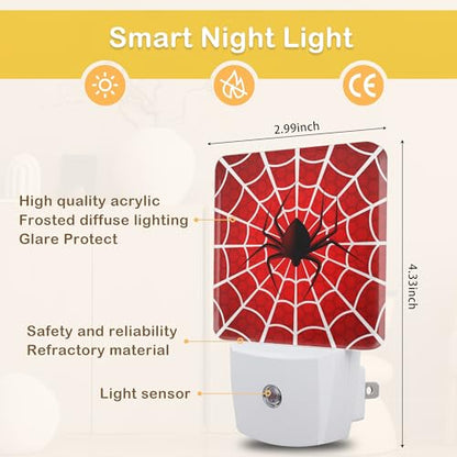 Red Spider Web Night Light with Dusk to Dawn Light Sensors, Plug-in Wall Led Night Lights, Energy Efficient Lamp for Bedroom/Bathroom/Kitchen/Hallway/Stairs - color: Red Spider Web