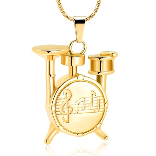 Drum Urn Necklace for Ashes Music Cremation Jewelry for Women Men Stainless Steel Memorial Necklaces Ash Holder for Human Pets Keepsake Jewelry for Loved Ones with Fill Tool - color: Gold