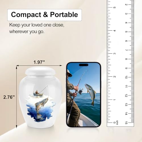abooxiu Small Urns for Human Ashes Mini Urn for Ashes 2.8 Inch Ceramic Memorial Keepsake Urn Cremation Urn for Adult Female Male Women Men, Decorative Funeral Burial Urns, Fishing Scene