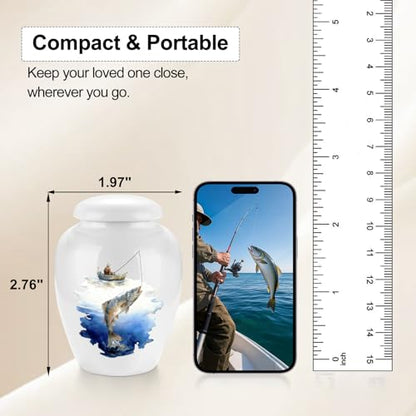 abooxiu Small Urns for Human Ashes Mini Urn for Ashes 2.8 Inch Ceramic Memorial Keepsake Urn Cremation Urn for Adult Female Male Women Men, Decorative Funeral Burial Urns, Fishing Scene