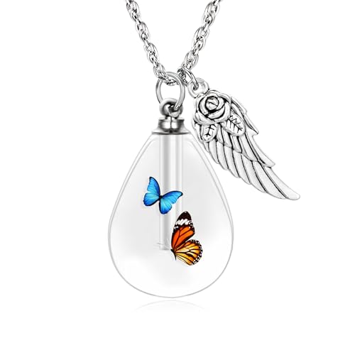 Teardrop Urn Necklace for Ashes, Resin Memorial Pendant with Keepsake | Teardrop Shape, Clear Resin Design, Nature Inspired Artwork, Screw Closure, Holds Ashes, Filling Kit & Box Included - color: Butterflies