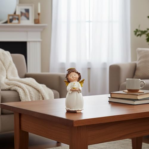 Angel Figurine Holding Candle Plate, Guardian Angel Decor, 4.92 Inch | Hand-painted resin angel with candle detail for shelves and desks; a comforting gift for women, sympathy and remembrance