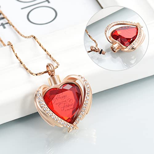 Imrsanl Cremation Jewelry for Ashes Pendant - Crystal Heart Urn Necklace with Mini Keepsake Urn Memorial Ash Jewelry - color: Rose Gold-Red Stone