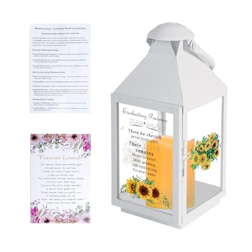 White Memorial Lantern Sympathy Gift for Loss of Loved One | Remembrance Solar Lantern with Sunflower, Bereavement Gifts for Loss of Mother Father Gift - color: White Iron Sunflower