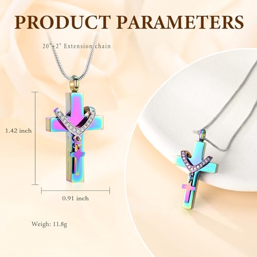 Cross Cremation Jewelry Urn Necklace for Human Ashes for Women Men With Me Always Memorial Ashes Keepsake Pendant - color: Rainbow
