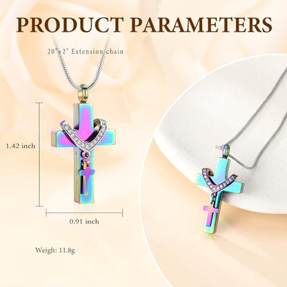 Cross Cremation Jewelry Urn Necklace for Human Ashes for Women Men With Me Always Memorial Ashes Keepsake Pendant - color: Rainbow