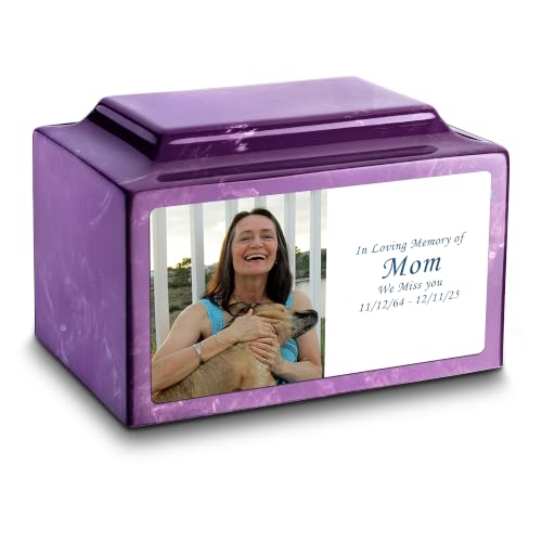 GetUrns – Legacy Cultured Marble Urn by Mackenzie, Adult Size Cremation Urns, Custom UV Printed Burial Urn for Ashes, 210 Cubic Inch Cemetery Urns for Ashes, Photo, Amethyst - color: Amethyst