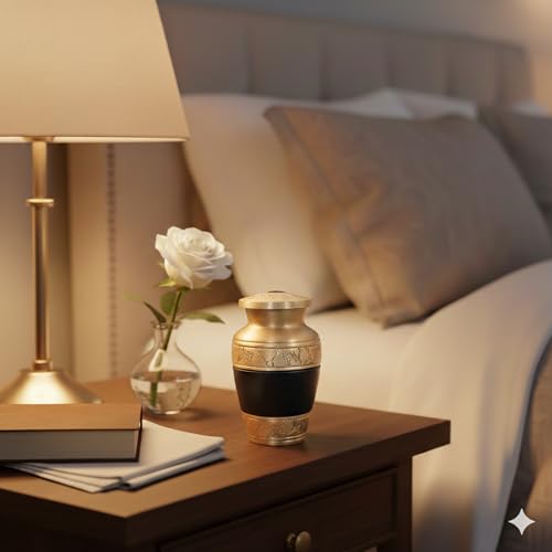 Gray Comet Small Keepsake Cremation Urns for Human Ashes with Velvet Heart Case and Funnel - Beautiful Peaceful Gold & Black Hand Engraved Mini Memorial Urn