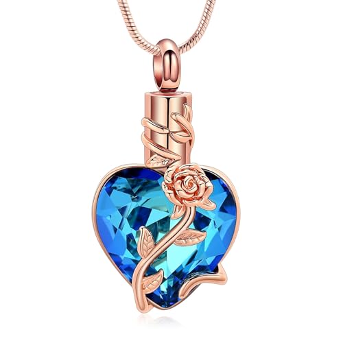 Heart Birthstone Urn Necklaces for Ashes Roseflower Cremation Memorial Ashes Pendant for Men Women Pet/Loved One Keepsakes Cremation Jewelry - color: Rosegold blue