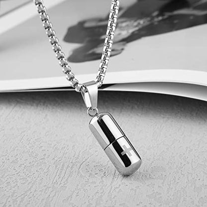 STWTR Stainless Steel Cylindrical Souvenir Capsule Pill Pendant Necklace, Cremated Ashes Pill Container Necklace - color: Silver
