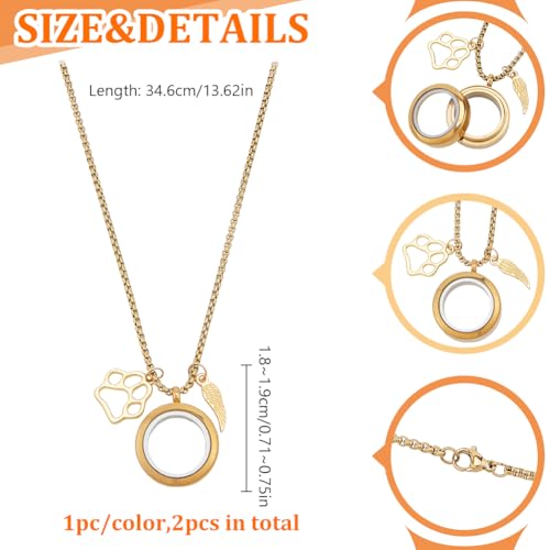 2Pcs Pet Hair Memorial Necklace Stainless Steel Fur Ashes Keepsake Necklace Clear Glass Locket Necklaces with Wing & Paw Cat Dog Urn Picture Memorial Jewelry for Women Men Personalised Gift