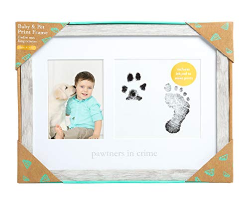 Kate & Milo Pawtners in Crime Baby and Pet Print Photo Frame | Baby Handprint or Footprint and Pet Pawprint Kit, Holds 4" x 6" Photo, Sawtooth Wall Display, Pet and Baby Keepsake - style: Pawtners in Crime Prints
