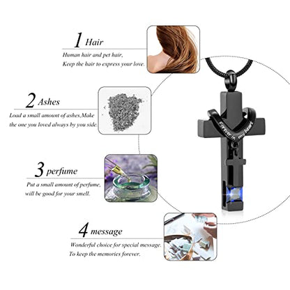 Forever in My Heart Birthstone Personalized Double Cross Urn Pendant Cremation Jewelry for Ashes Cross Ashes Keepsake - color: Dark Blue